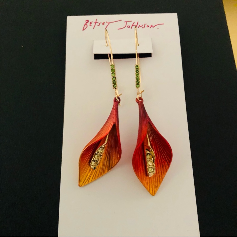 Authentic Betsey Johnson Earrings - Gold Metal Calla Lily Crystal Rhinestone NWT